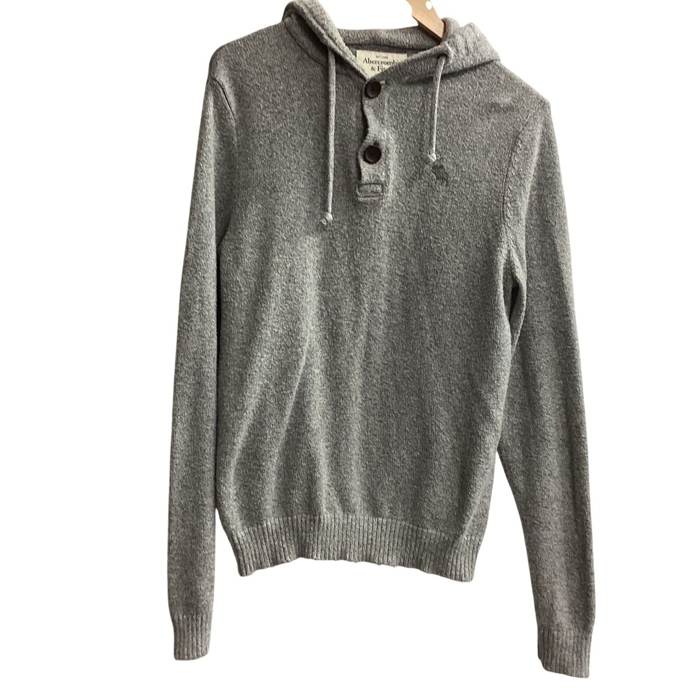Abercrombie Fitch Mens Gray Knit Hoodie Sweater Long Sleeve Button Neck Size L